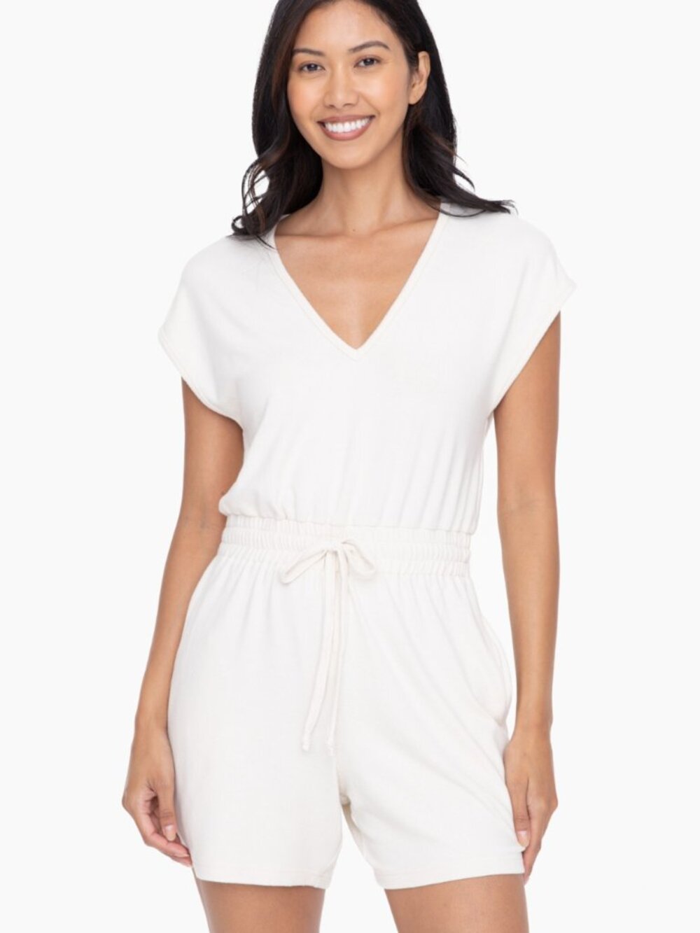 Mono B Brushed Hacci V Neck Romper - Natural